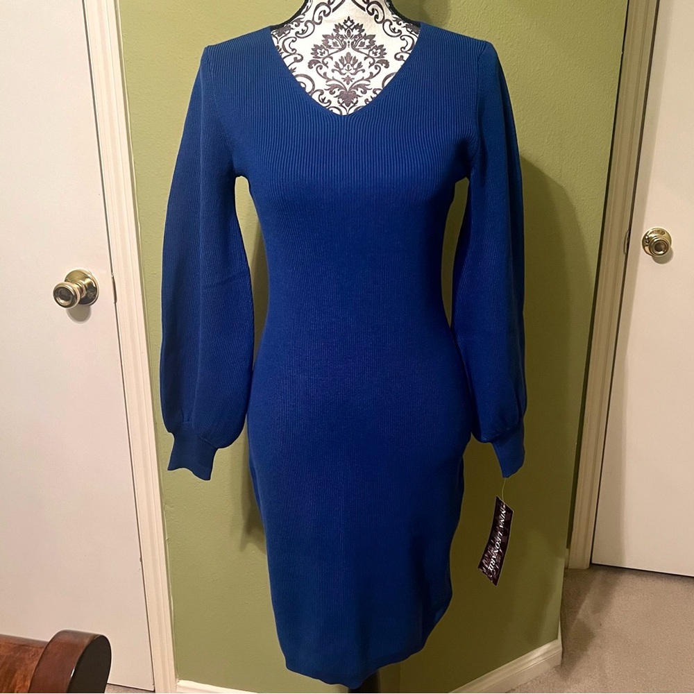 Nina Leonard Blue V-Neck Wide Sleeve Sweater Dress